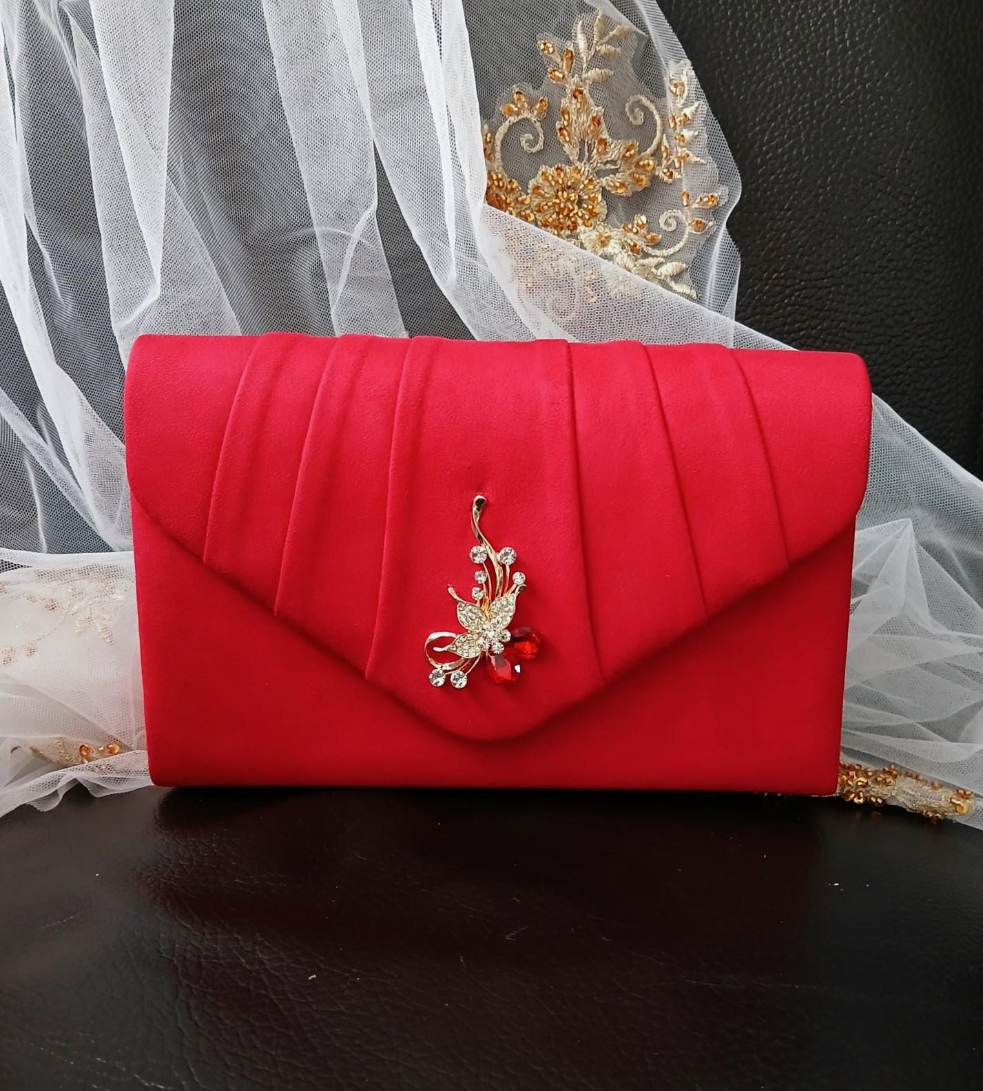 Red Pleated Envelope Clutch Bag