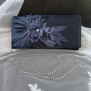 Navy Blue Floral Embellished Clutch Bag