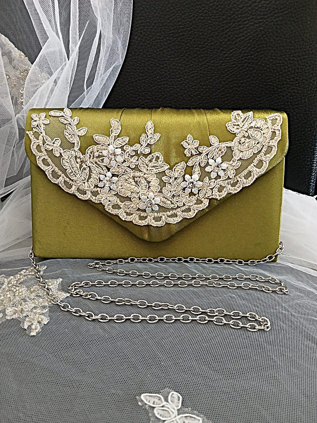 Olive Green Lace Embellished Envelope Clutch Bag